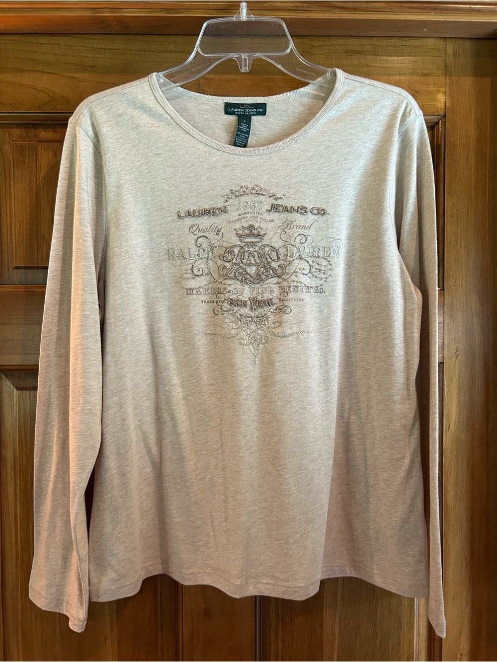 Lauren Jeans Company Oatmeal Long Sleeve Graphic Tee with Beaded Accents